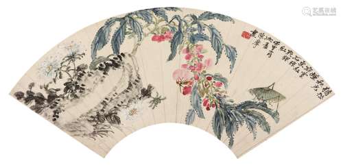 陈摩（1886～1945） 花卉 扇面 设色纸本