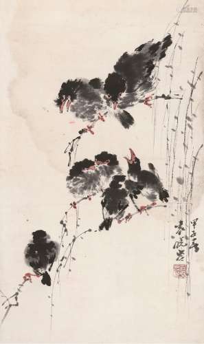 袁晓岑（1915～2008） 鸟趣图 立轴 设色纸本