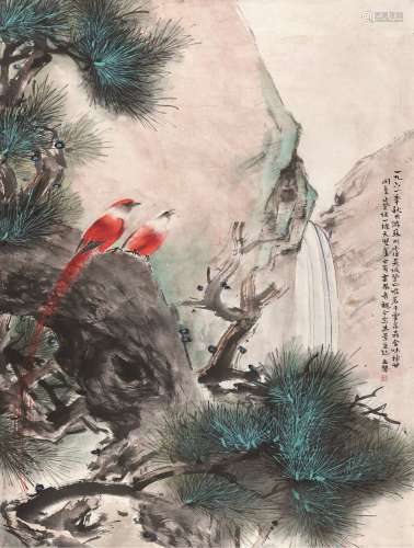 关友声（1906～1970） 溪山翠鸟 立轴 设色纸本