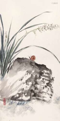 江寒汀（1903～1962） 兰石 镜心 设色纸本
