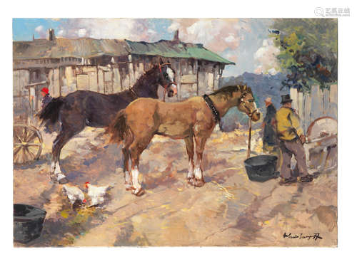 Feeding the horses unframed Alexei Isupov(Issupoff, Alessio) (Russian, 1889-1957)