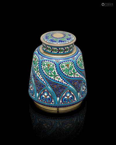Antip Kuzmichev, Moscow, before 1898, retailed by Tiffany and Co.  A silver-gilt and enamel tea caddy