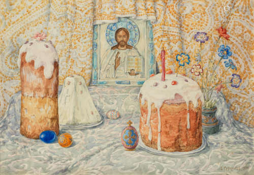Easter still life Boris Vasilievich Smirnov(Russian, 1881-1954)