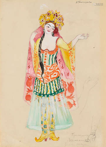 Costume design for a court attendant of Queen of Shamakhan, for production of 'Le Coq d'Or'  33 x 29.3cm (13 x 9 1/4in). Natalia Sergeevna Goncharova(Russian, 1881-1962)