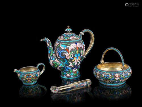 Ivan Saltykov, Moscow, 1898-1908  A silver-gilt and enamel tea set