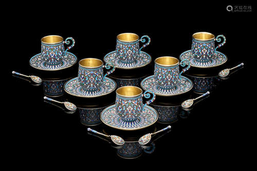 Nikolai Zverev, Moscow, 1908-1917   A set of six parcel-gilt and enamel coffee cups, saucers and spoons