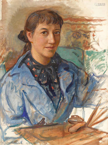 Self-portrait with brushes 60.5 x 46cm (23 3/4 x 18in). Zinaida Evgenievna Serebriakova(Russian, 1884-1967)