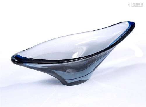 Geoffrey Baxter for Whitefriars Arctic blue bowl with cased blue stripe, patent no. 9573, designed in 1961