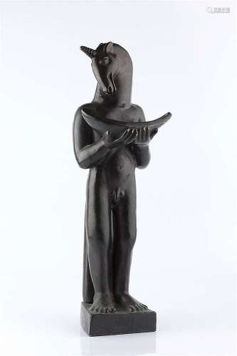 Manner of Jan Martel Art Deco style bronze of a human figure with unicorn head, holding a bowl with 'The ankh' (The Key of Life)