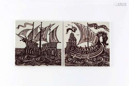 Kenneth Clark (1922-2012) Pair of 'Galleon' tiles after William De Morgan