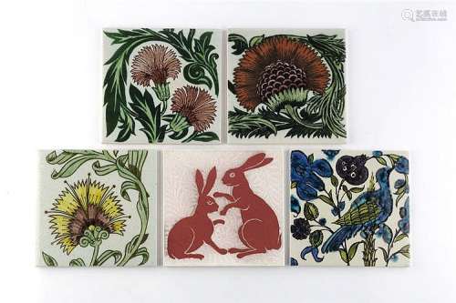 Kenneth Clark (1922-2012) Set of five arts and crafts style tiles, after William De Morgan