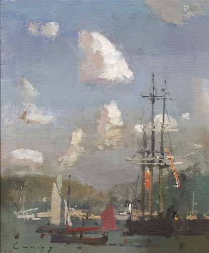 Fred Cuming (b.1930) Square rigger and clouds