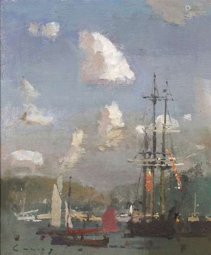 Fred Cuming (b.1930) Square rigger and clouds