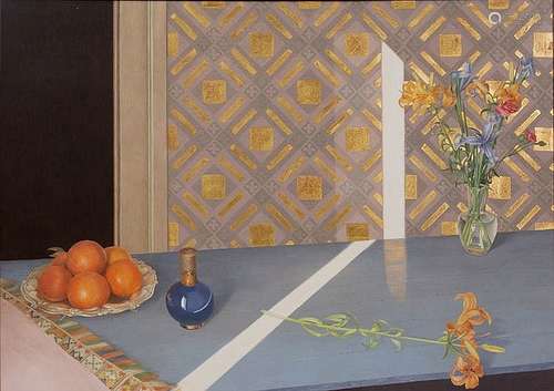 Dorian Ker (b.1948) Still Life with Flowers, Oranges and Scent Bottle, 1982