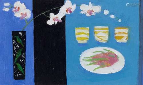 Janet Tod (b.1948) Still life of flowers and plate