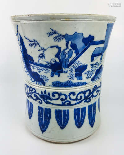 A BLUE AND WHITE BRUSHPOT