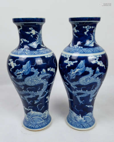 QING PAIR OF BLUE GLAZED DRAGON VASES