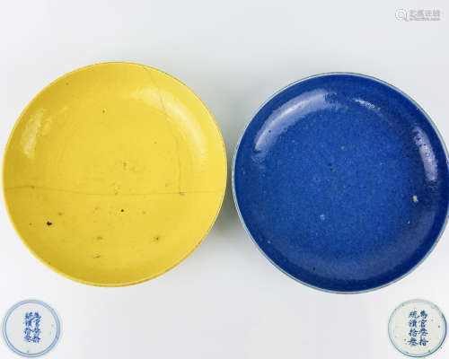 A PAIR OF MARKED YELLOW AND BLUE DISHES