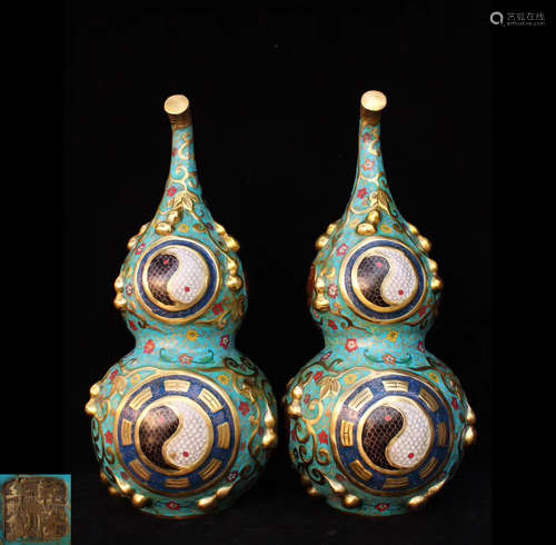 PAIR OF QIANLONG MARK CLOISONNE GOURD VASES