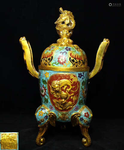 A QIANLONG MARK GLIT-BRONZE CLOISONNE CENCER