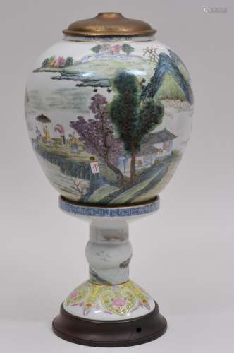 Porcelain lantern. China. 19th century. Famille verte decoration of figures in a landscape. Side of the shade drilled. 12-1/2