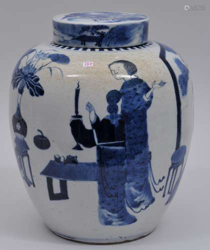 Porcelain covered jar. China. 19th century. Oviform. Underglaze blue decoration of women in a garden. K'ang Hsi mark. Chip to inside of the cover. 12