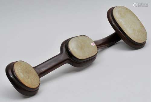 Sceptre. China. Late 19th to early 20th century. Three carved jade plaques set in rosewood. 18-1/2