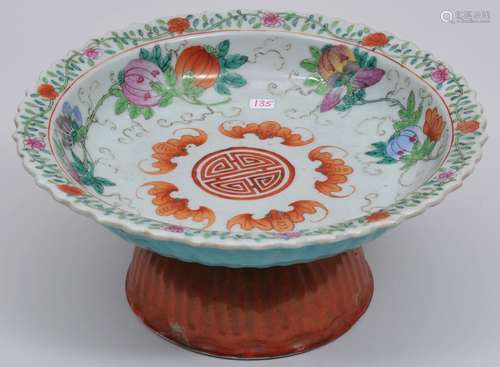 Porcelain tazza. China. 19th century. Export ware for South East Asia. Famille Rose decoration of fruit and bats. Exterior with coral red and turquoise. 8-3/4