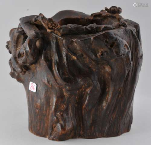 Agarwood brush pot.  China. 19th century. Carved as a gnarled section of an ancient prunus tree. 5