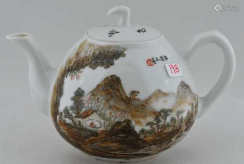 Porcelain teapot. China. Republican Period. Landscape scene. Signed. 5-1/4