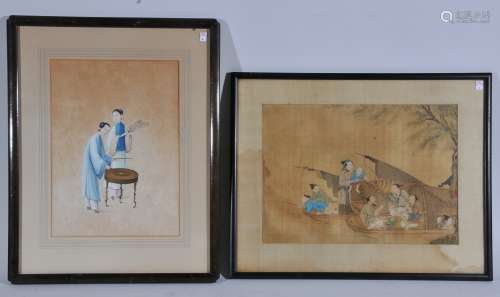 Two paintings. China. 19th century. To include: an Export painting of two women and a scene of fishermen. About- 15