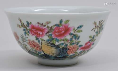 Porcelain bowl. China. 20th century. Famille rose decoration of flowers. Yung Cheng mark on the base. 4-3/4