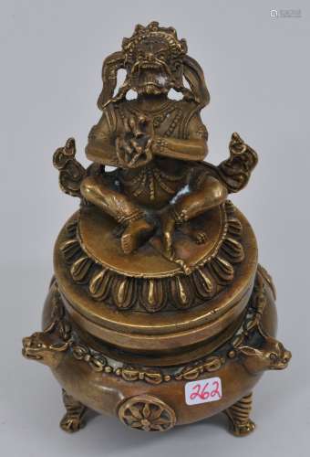 Bronze incense burner. China. 20th century. Finial in the form of the tantric divinity Yama. 5-1/2