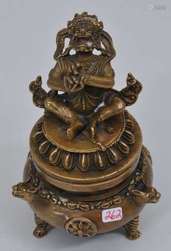 Bronze incense burner. China. 20th century. Finial in the form of the tantric divinity Yama. 5-1/2