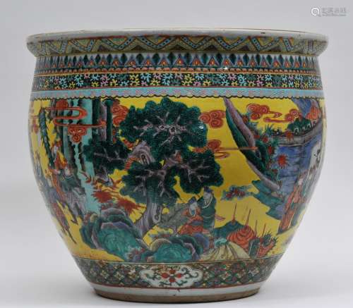 Porcelain fish bowl. China. 19th century. Famille Jeune historical scenes. Interior with gold fish and water plants. 16