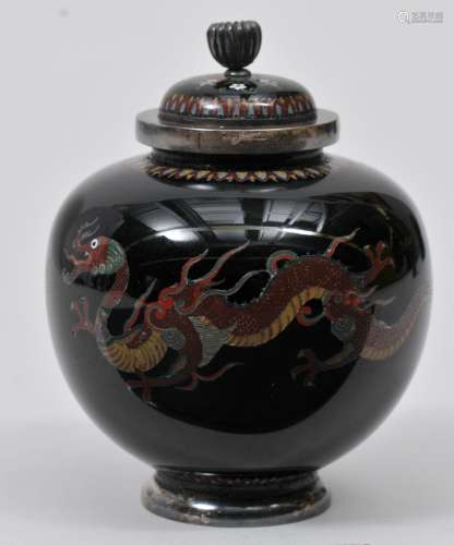 Cloisonne covered jar. Japan. Meiji period (1868-1912). Silver wire work of a pair of dragons on a black ground. Signed Namikawa Yasuyuki on a silver plaque on the base. (1