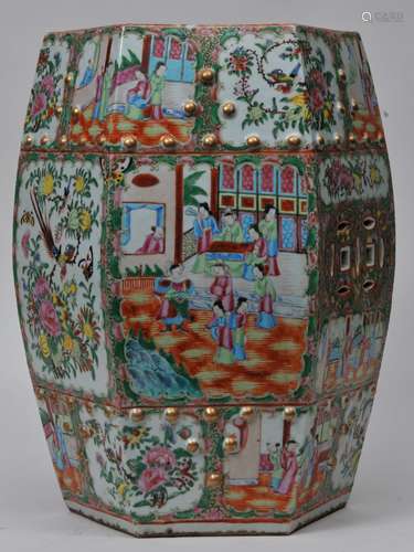 Porcelain garden seat. China. 19th century. Octagonal barrel shape with pierced cash coins. Rose Medallion ware. 19