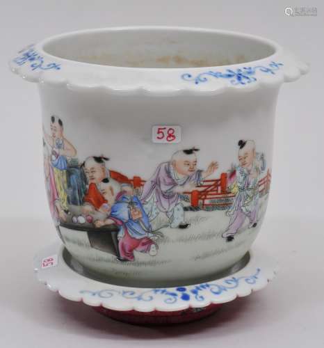 Porcelain jardinere and liner. China. Early 20th century. Famille rose decoration of children playing. Kuang Hsu mark. 5-1/2