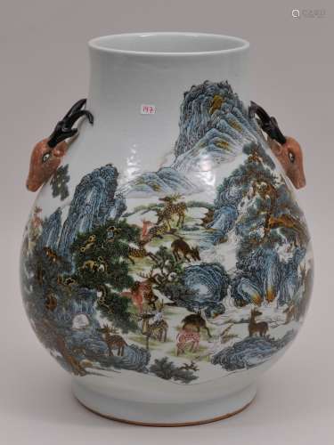Porcelain vase. China. 20th century. Pear  form with deer handles. Famille verte decoration of 