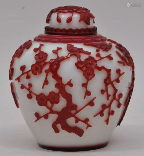 Peking Glass covered jar. China. 19th century. Cameo cut form. Red to white with birds and flowering trees. 6-1/2
