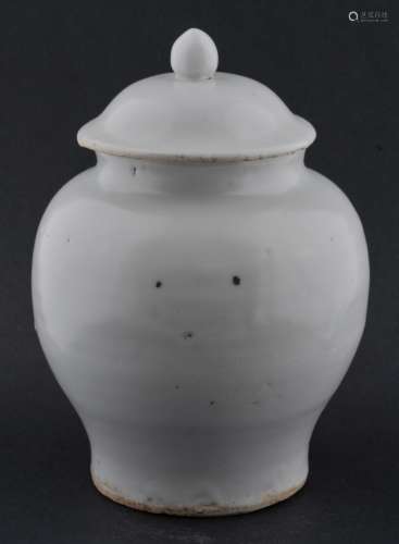 Covered jar. China. 19th century. Baluster form. White glaze with anhua decoration of floral sprigs. 7