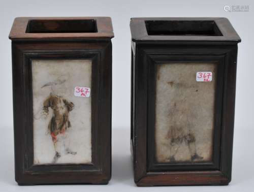 Pair of brush pots. China. 19th century. Dream stone panels with painted decoration of Europeans and Calligraphy. Hung Mu frames. 5