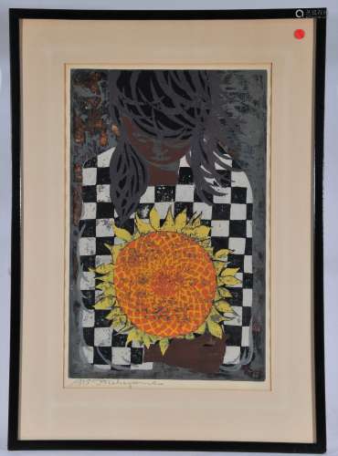 Woodblock print. Japan. 1957. Signed Nakayama. Girl with a sunflower. 25