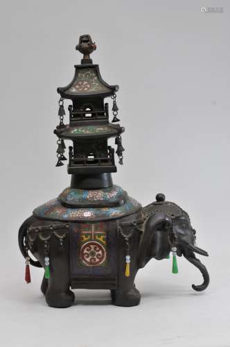 Bronze censer. Japan. Early 20th century. Cast in the form ofa caparisoned elephant. Decoration of Champleve enamel. 14