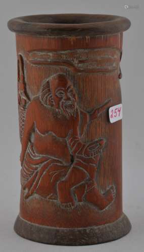 Bamboo brush pot. China. 19th c entury. Carving of an Immortal watching the flight of a goose. 4-1/4
