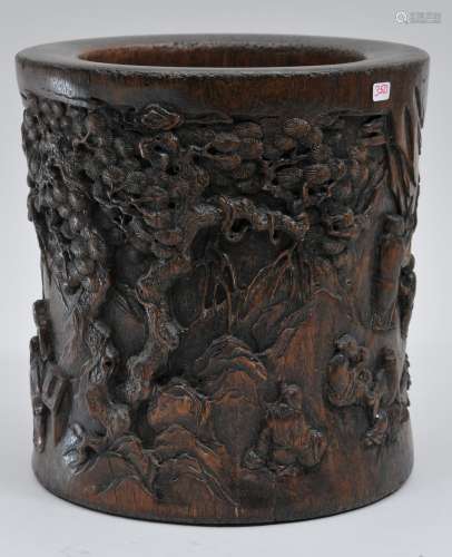 Brush pot. China. 18th century. Huang Hua Li surface carved with a gathering of scholars in a mountain landscape. 8