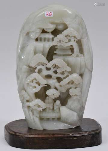 Jade carving. China. 20th century. Grey-white stone. Scene of a mountain grotto. 7-1/2