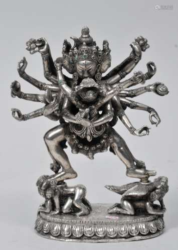 Silver image of a Tantric Divinity. Tibet. 18th/19th century. Chakrasamvara in yab yum. Turquoise inlays. 8-1/2