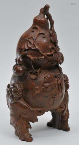 Bamboo root carving. China. 19th century. Double gourds with two small children. 10-3/4