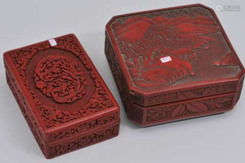 Lot of two Cinnebar boxes. To include: A Chinese rectangular carved box from the 1930's. 5-3/4